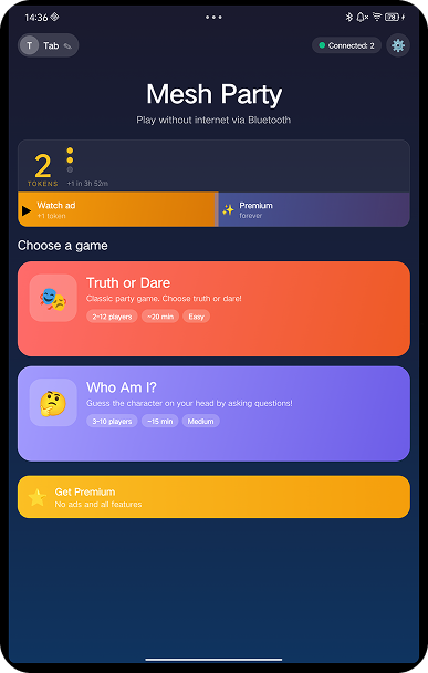Mesh Party game list on a phone screen