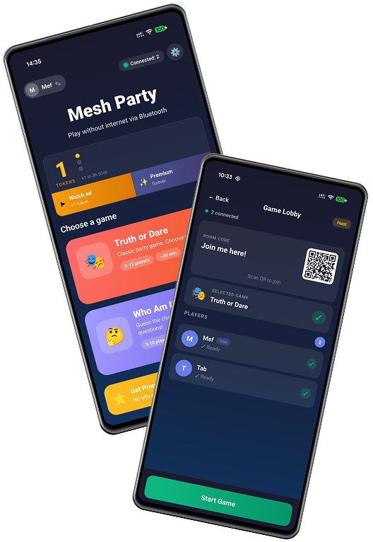 Two phones showing the Mesh Party lobby and QR code